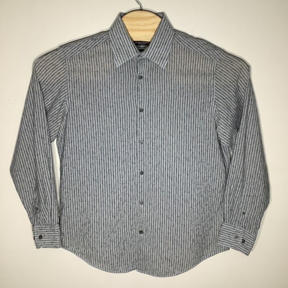 Bugatchi Mens Long Sleeve Button Up Shirt Gray Blue Striped Size Medium - Picture 2 of 7